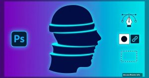 Three stacked human head silhouettes with slice effects and Photoshop tools