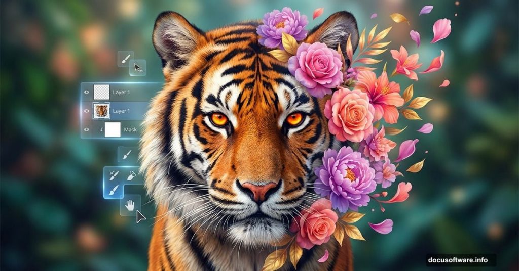 Tiger portrait transforming into floral arrangement demonstrating Photoshop manipulation technique