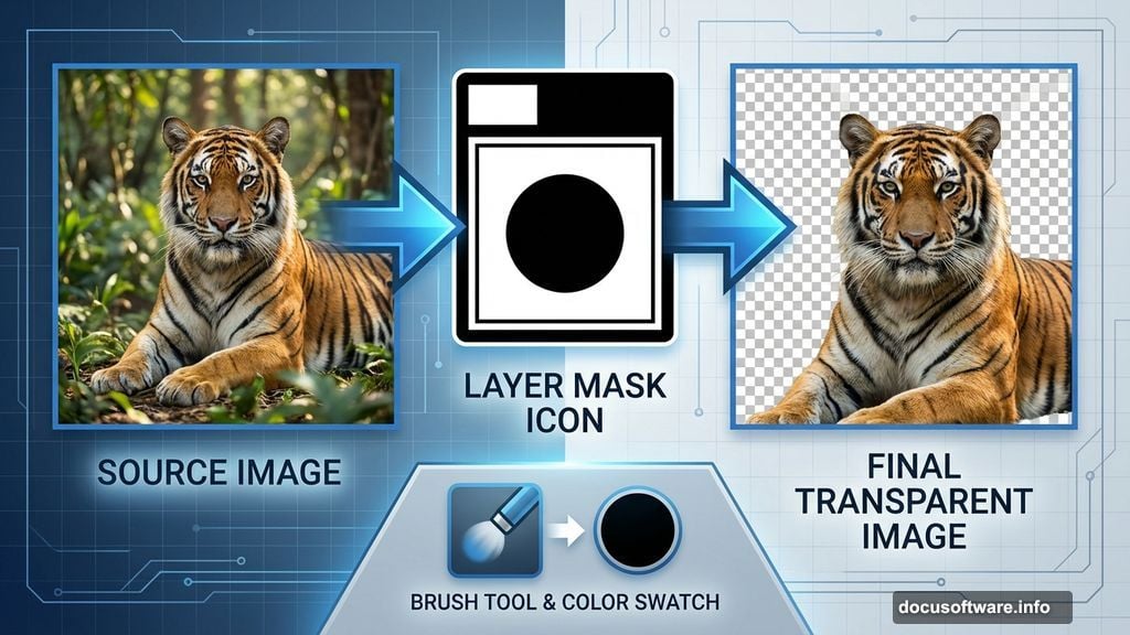 Layer mask technique removes background around tiger using soft brush