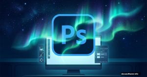 Photoshop logo with aurora borealis effects and editing interface