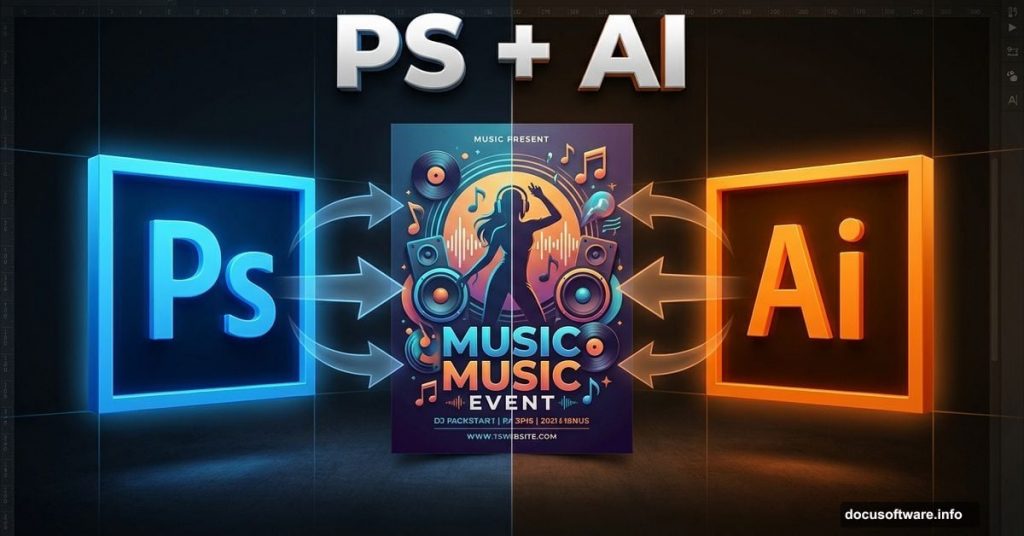 Photoshop and Illustrator logos combining to create professional music flyer design