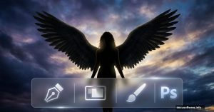 Angel with black wings silhouette with Photoshop tools overlay