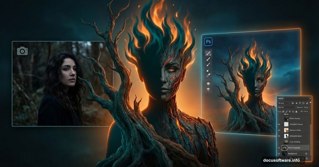 Woman-tree composite transformation showing Photoshop photo manipulation technique with flames