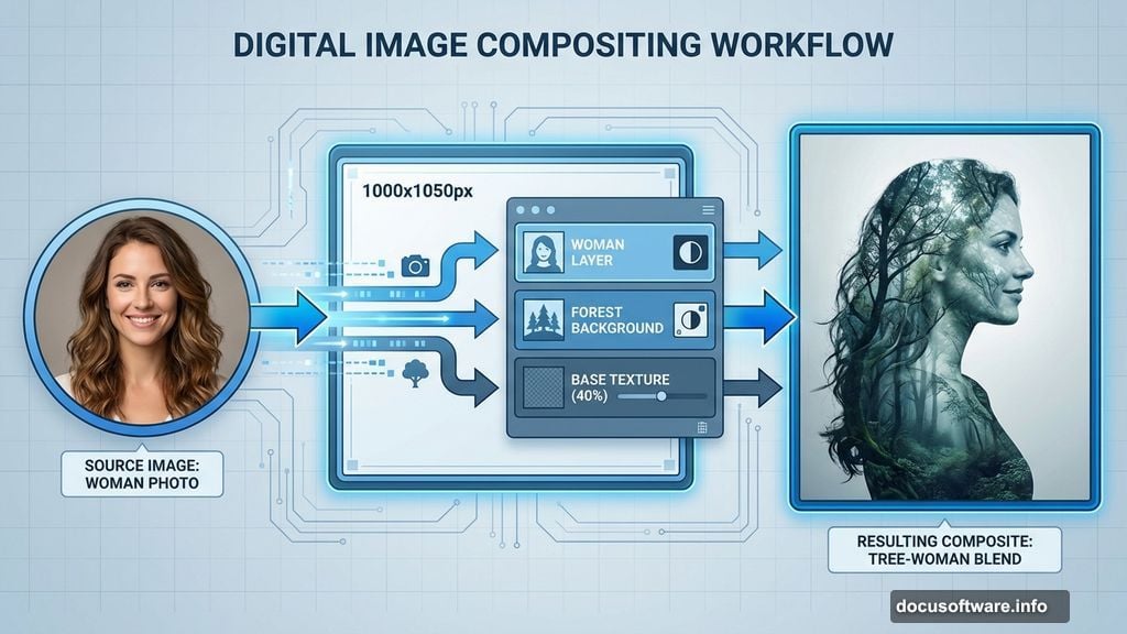 Layer masking blends texture and forest background seamlessly in Photoshop