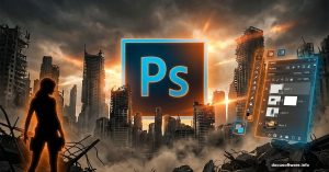 Photoshop logo with post-apocalyptic cityscape and character compositing layers