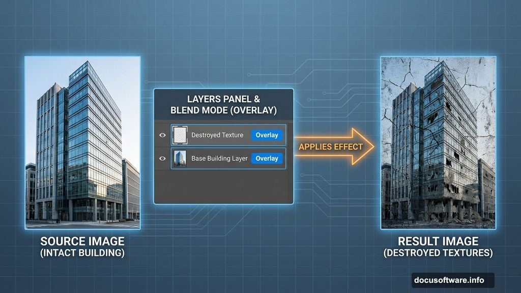 Blend mode Overlay merges urban destruction with background seamlessly