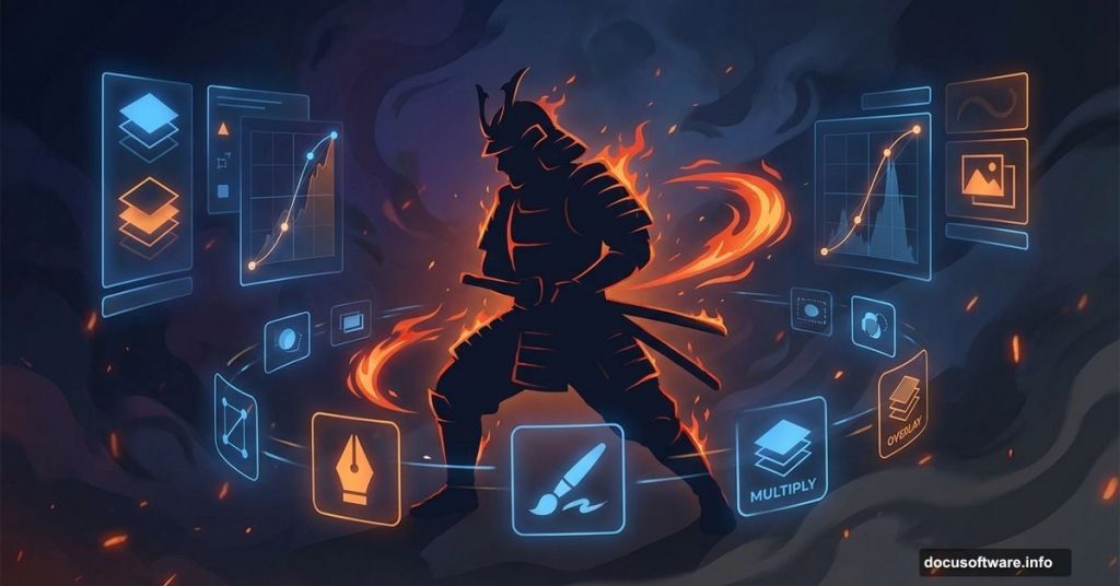Samurai silhouette surrounded by Photoshop tools and fire effects