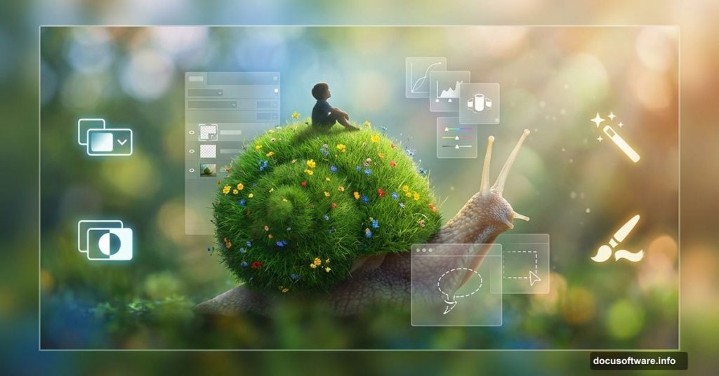 Fantasy snail with grass shell and Photoshop manipulation tools overlay