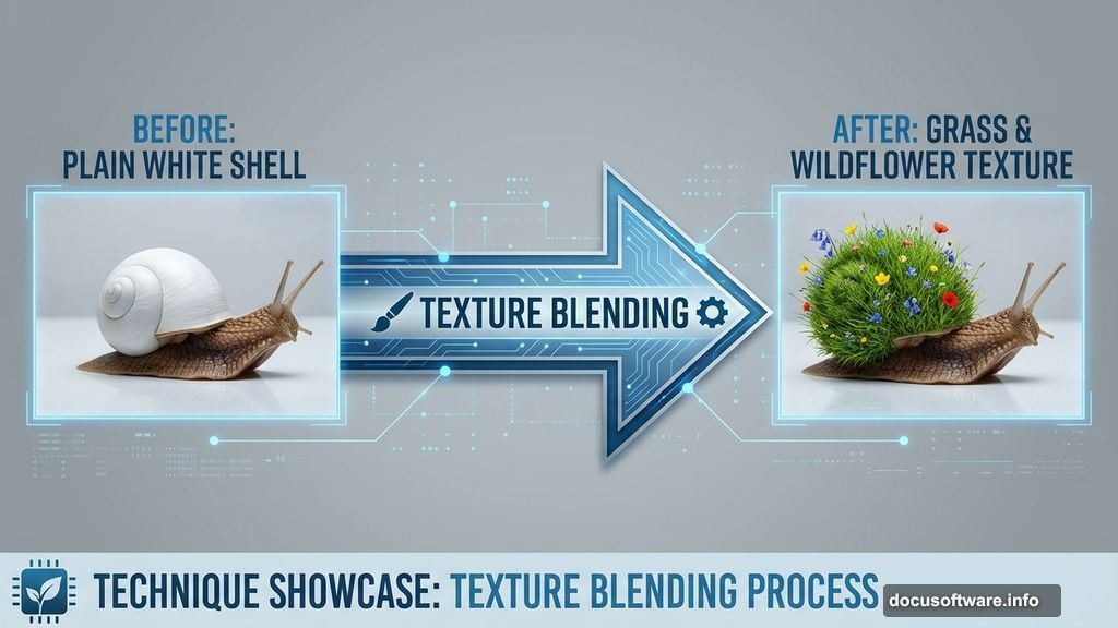 Transform snail shell into living grass using texture blending techniques
