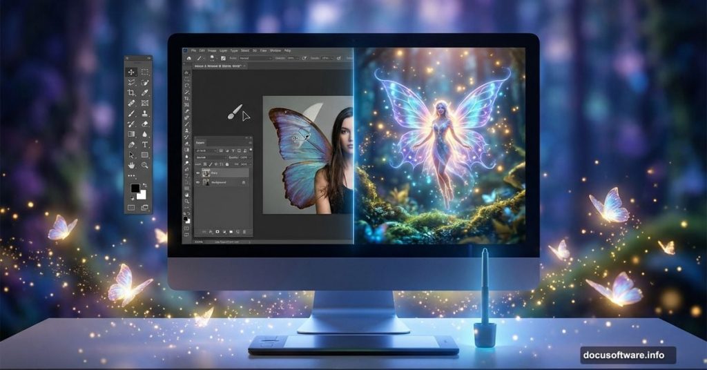 Photoshop interface creating magical fairy fantasy art with butterfly wings