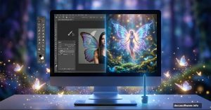 Photoshop interface creating magical fairy fantasy art with butterfly wings