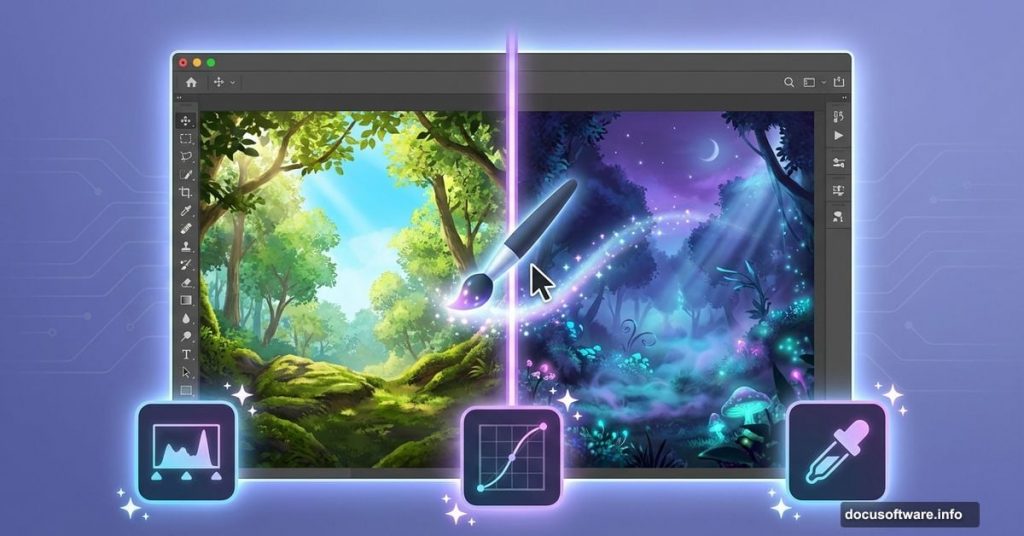 Photoshop forest manipulation showing day to dark fantasy night transformation