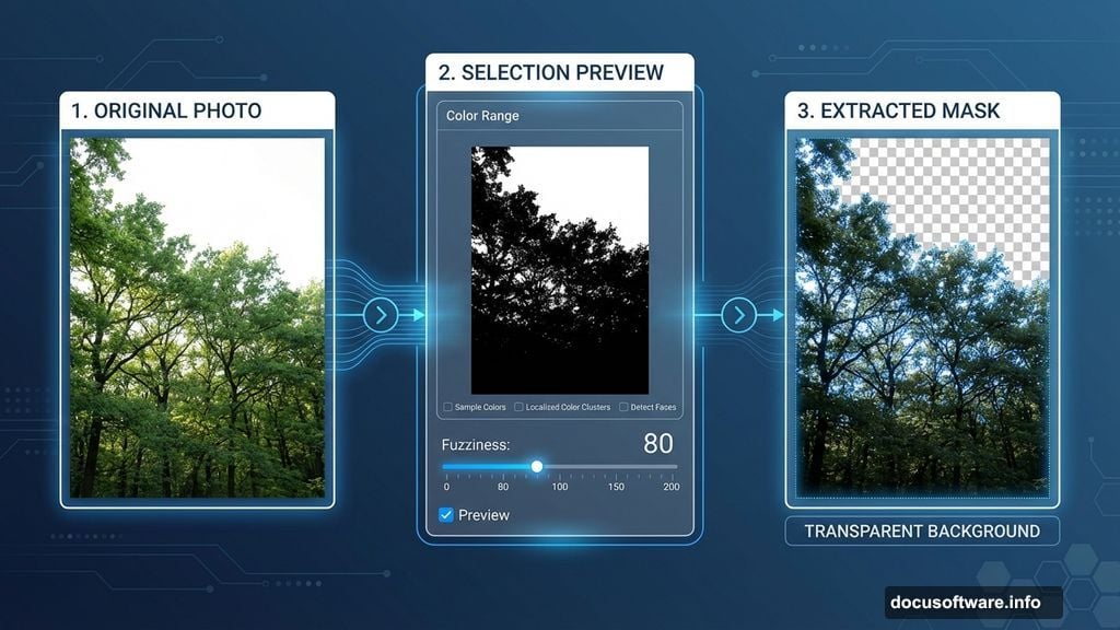 Color Range extraction removes sky from complex forest branches