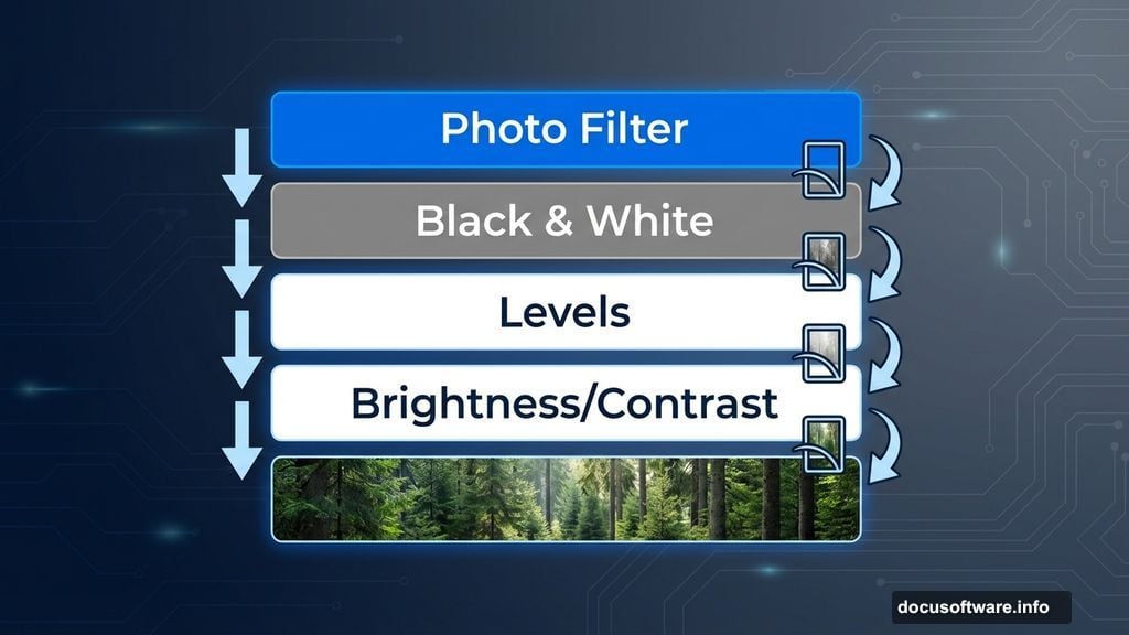Adjustment layer stack transforms daytime forest into dark night scene