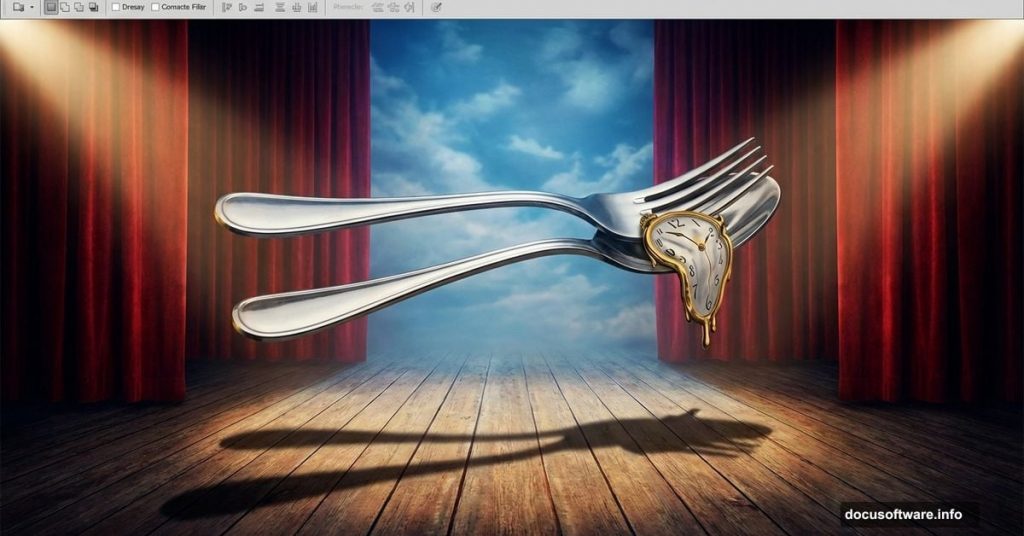 Surreal floating cutlery scene with velvet curtains Dali-inspired Photoshop manipulation