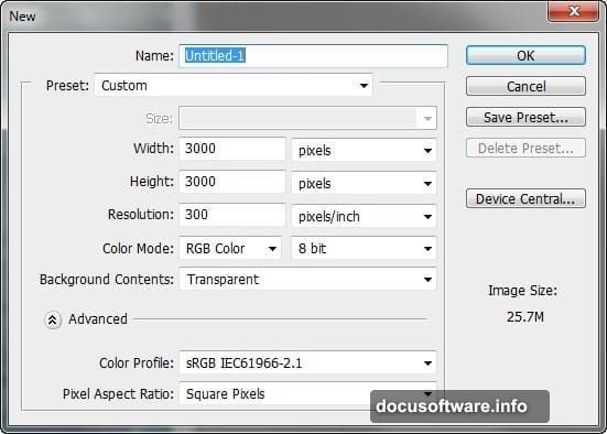 Setting up Photoshop canvas with proper resolution and specifications