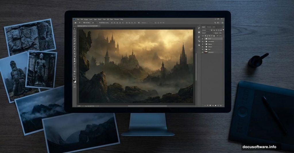 Digital artist creating dark fantasy matte painting in Photoshop workspace