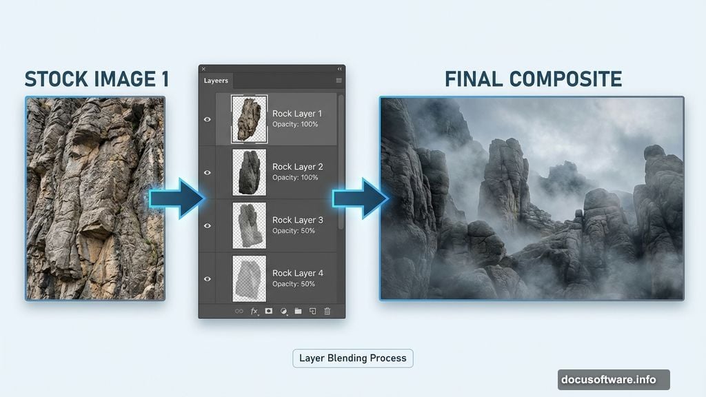 Blend multiple images seamlessly to create depth in matte painting