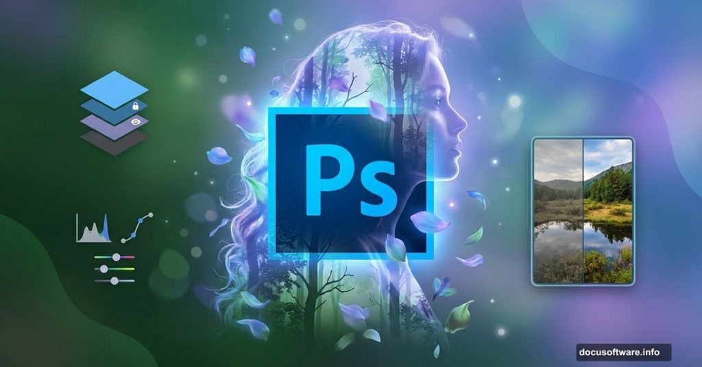 Photoshop logo with dreamy forest portrait manipulation overlay and editing tools