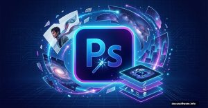 Photoshop logo with floating photo elements creating surreal composite design