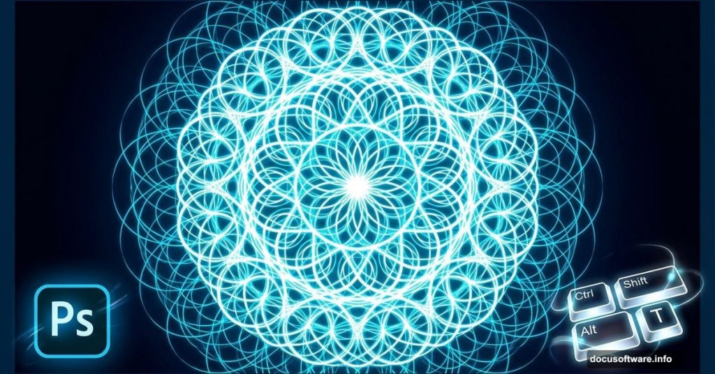 Geometric spirograph pattern with Photoshop logo and keyboard shortcut keys