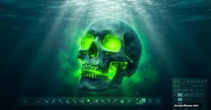 Glowing radioactive skull underwater with toxic green effect in Photoshop