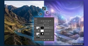 Split screen showing normal landscape transforming into surreal Photoshop composite