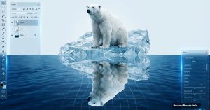 Polar bear with digitally distorted water reflection showing Photoshop manipulation