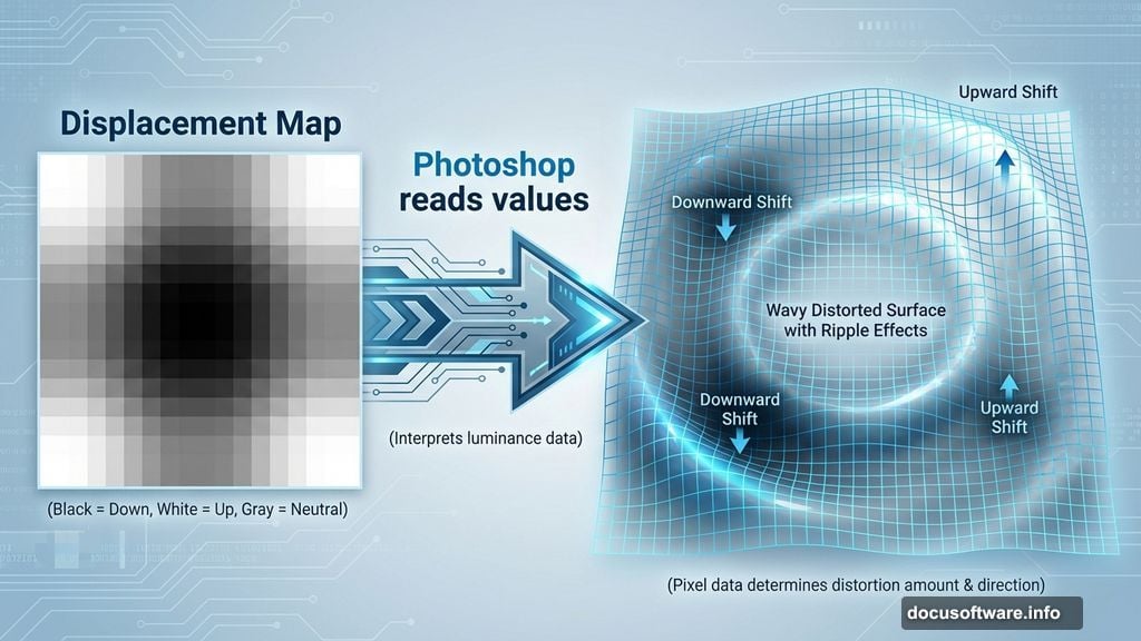 Displacement maps create realistic surface distortions automatically using grayscale values