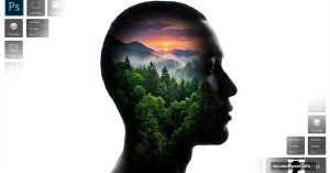 Silhouette portrait filled with forest landscape demonstrating double exposure effect