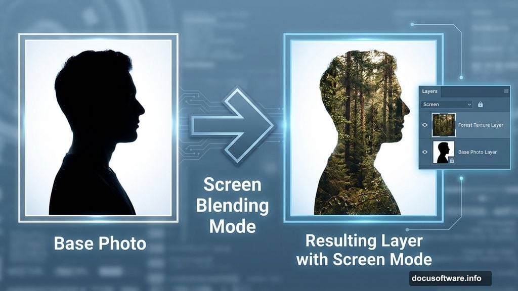 Screen mode blends texture over silhouette in double exposure effect