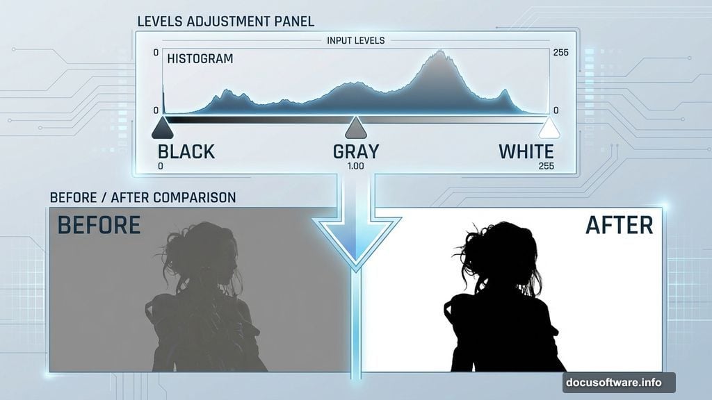 Levels adjustment creates perfect silhouette with pure white background contrast