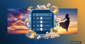 Photoshop layers panel with floating Alice in Wonderland fantasy elements