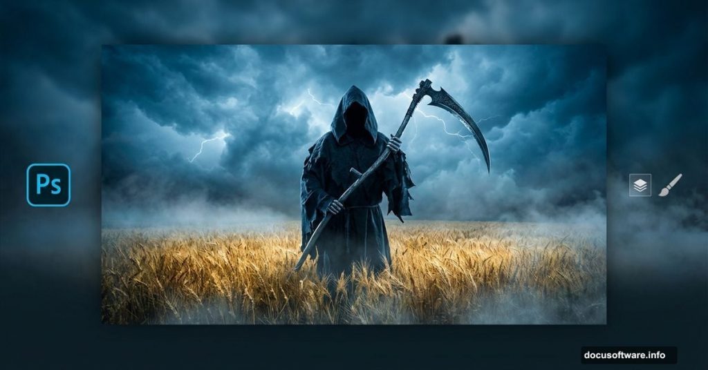 Grim Reaper in wheat field with Photoshop icons tutorial cover