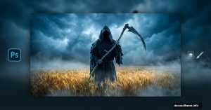Grim Reaper in wheat field with Photoshop icons tutorial cover