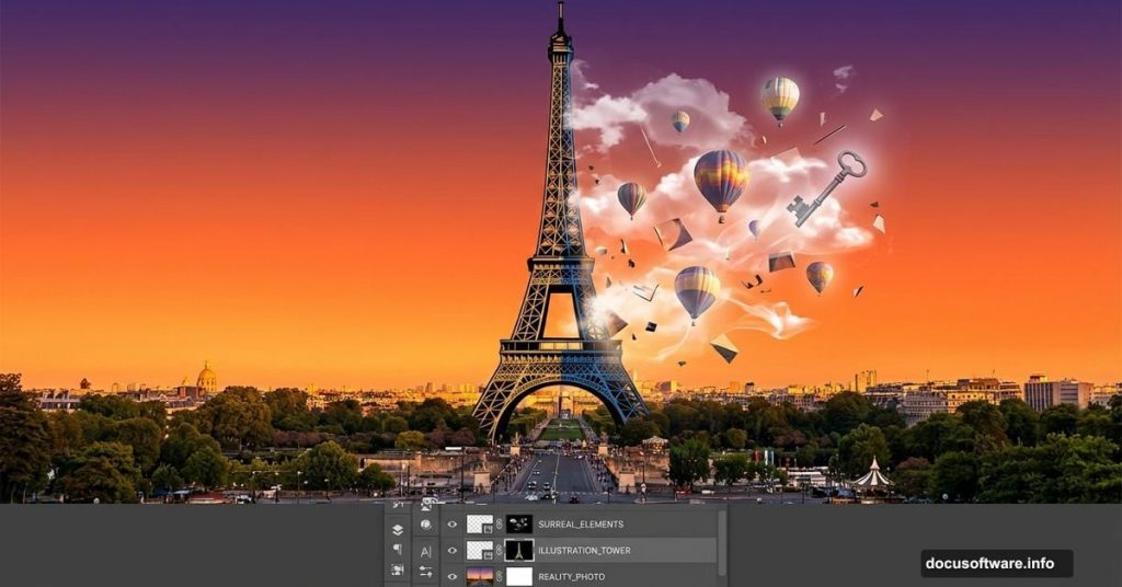 Eiffel Tower transforming from photo into surreal composite artwork