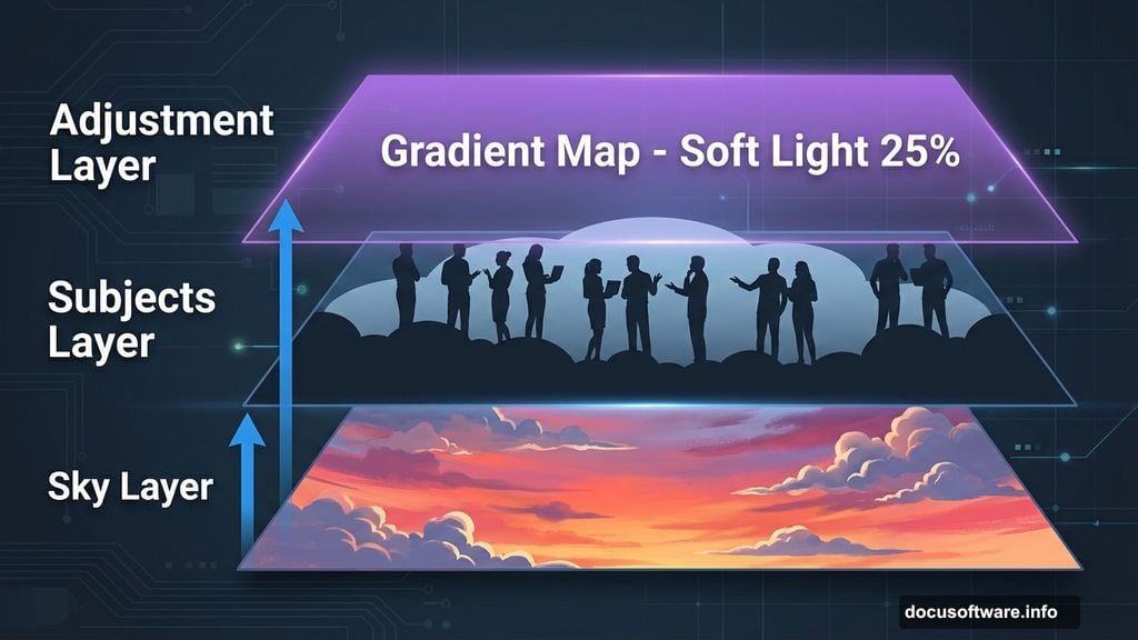 Unify colors with gradient mapping in sunset composite scene