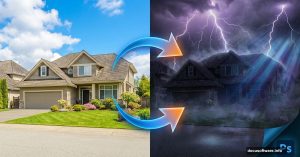 House photo transformation from bright daylight to gloomy stormy scene