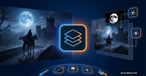 Photoshop layers panel transforming photos into haunting medieval night scene