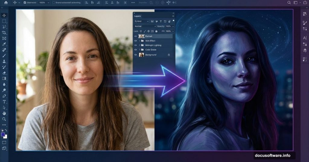 Before and after: portrait transformed into midnight photo effect