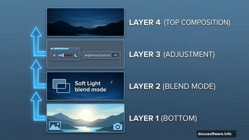 Build night sky foundation with blend modes and adjustment layers