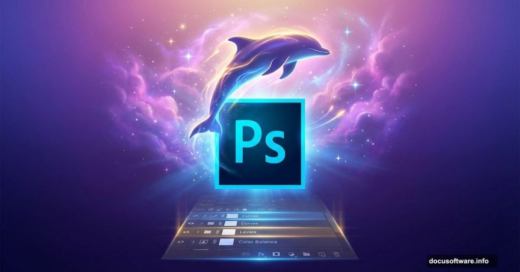 Photoshop logo with dolphin leaping into surreal fantasy sky scene