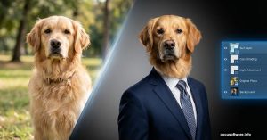 Golden Retriever transformed into formal portrait using Photoshop techniques