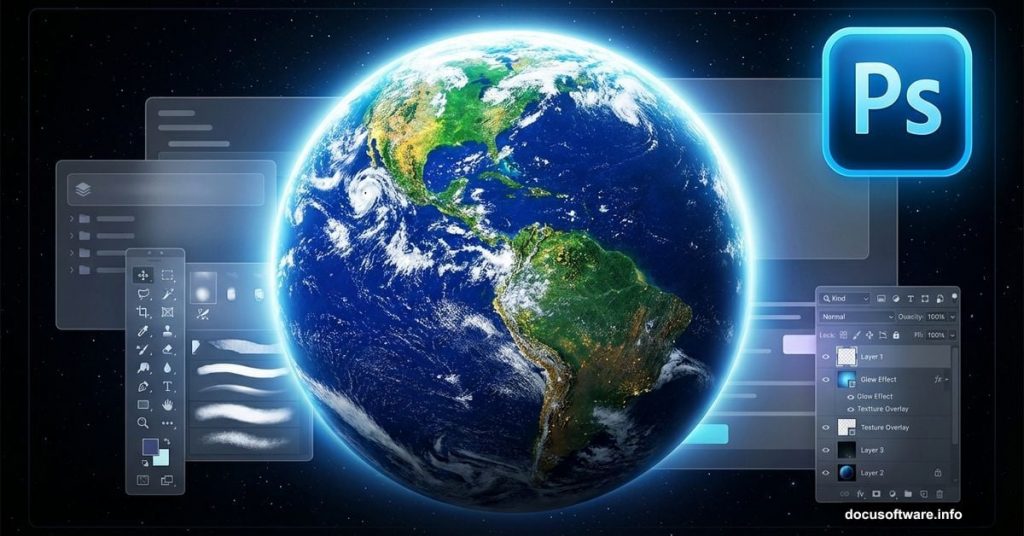 Earth planet from space with Photoshop logo tutorial cover