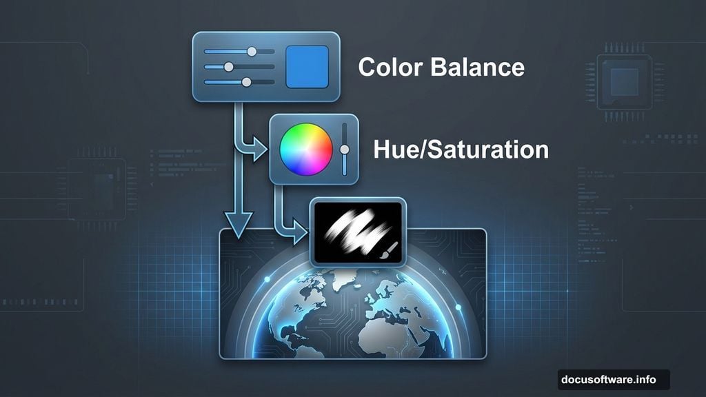 Color Balance and Hue Saturation adjustment layers clipped to Earth