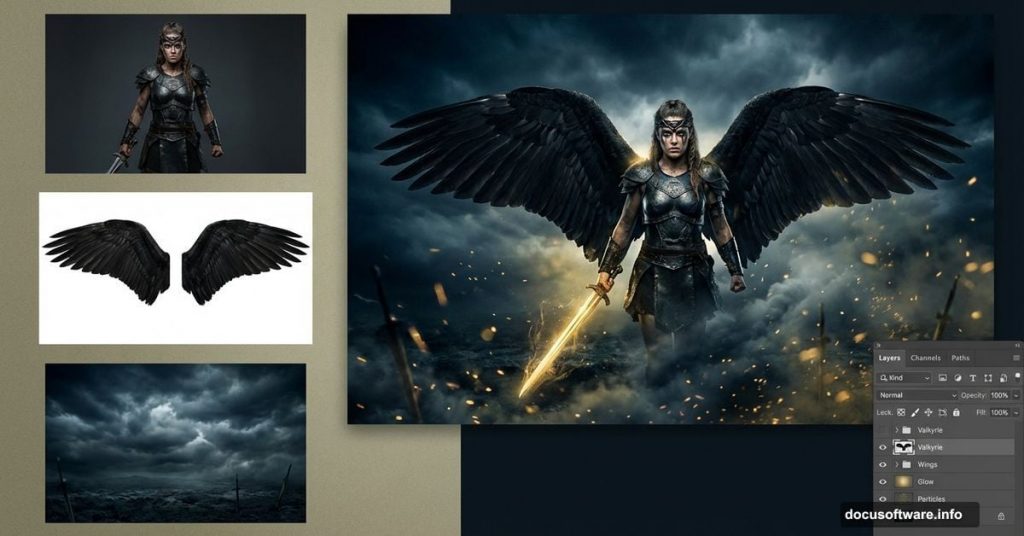 Valkyrie photo manipulation tutorial showing before and after Photoshop composition