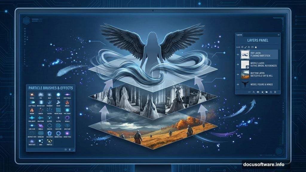 Building Valkyrie manipulation with multiple stock photos and particle effects