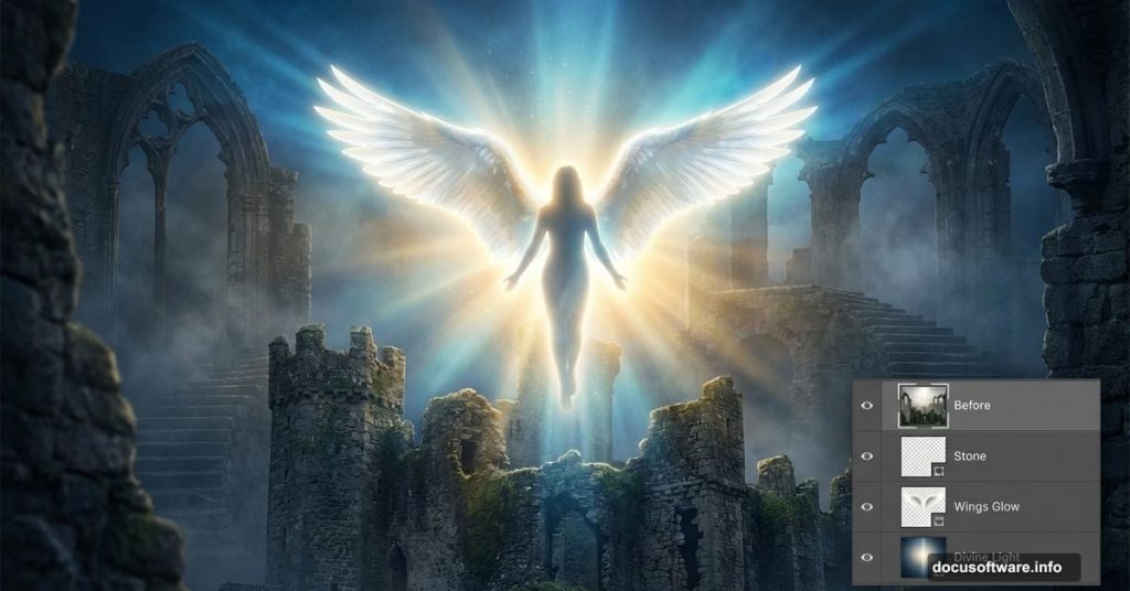Glowing angel with wings rising through castle ruins Photoshop tutorial illustration