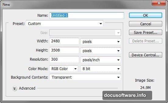 Create new file with print-quality resolution and transparent background