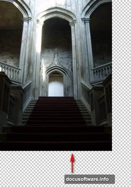 Transform and distort tools adjust perspective for castle stairway